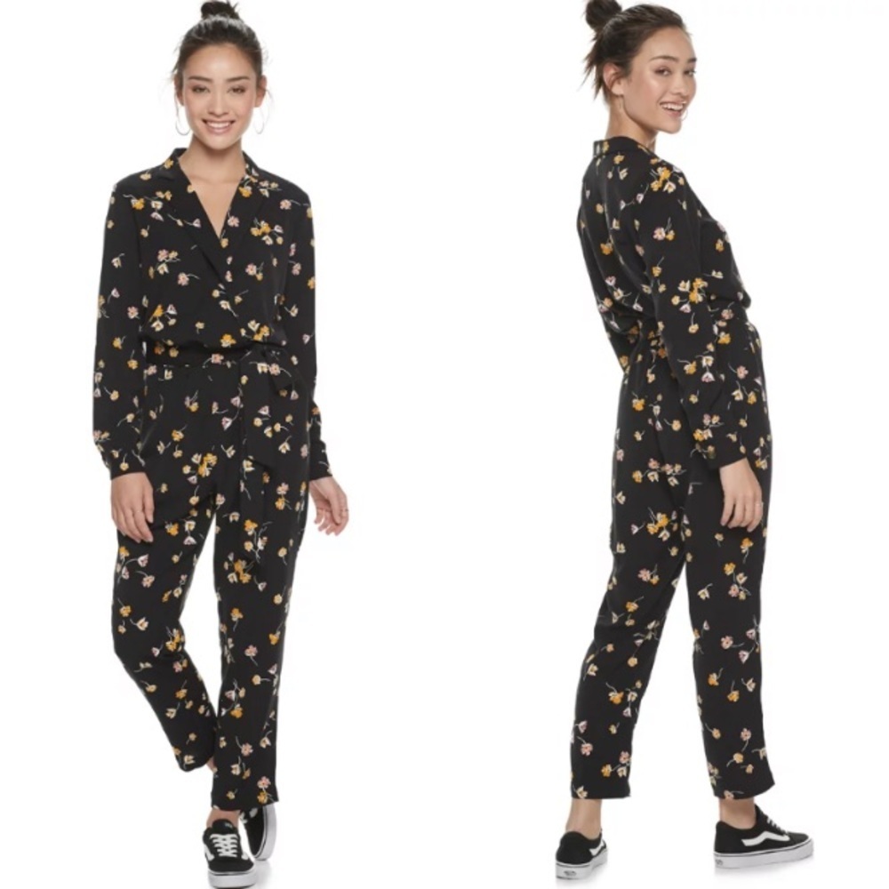 Pop Sugar Floral V-neck Jumpsuit With Sleeves Size Medium
